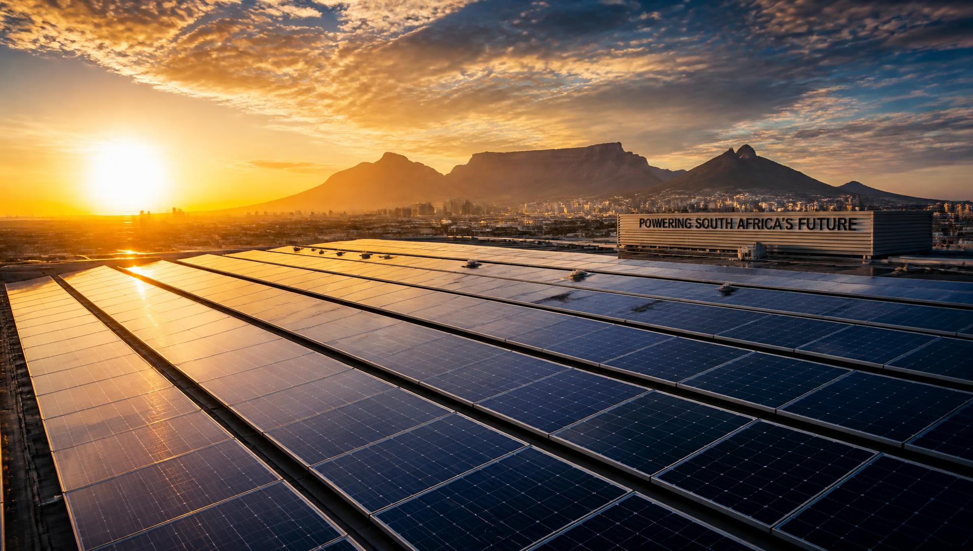 Solar panel array on a South African commercial rooftop at sunset